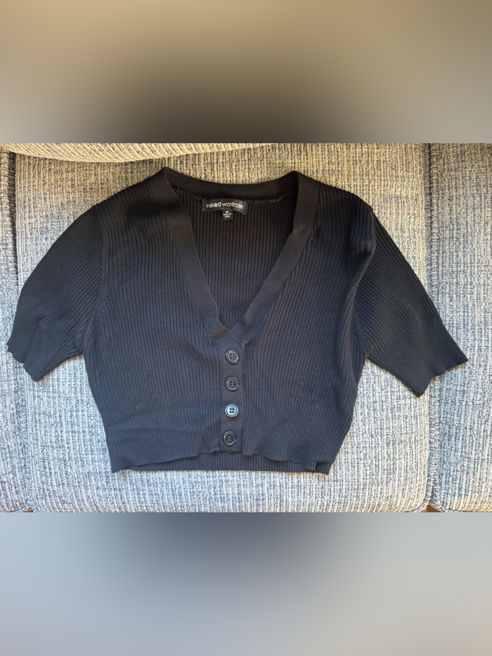 Naked Wardrobe Womans size M Ribbed Cropped Button Front Cardigan black